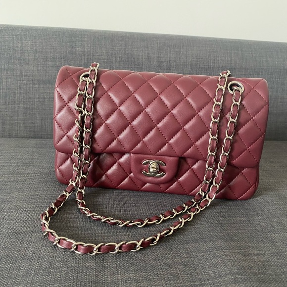 CHANEL Double Flap Lambskin Burgundy Handbag - Picture 5 of 12